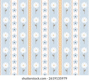 Seamless striped pattern with daisies in pastel colors. Vintage print in the style of old wallpaper. Retro print for printing, interior, web, textile, printing on fabric, paper, scrapbooking