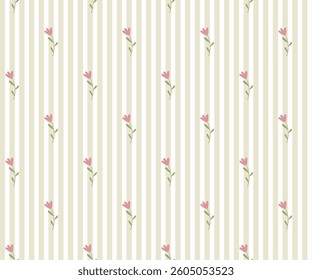 Seamless striped pattern with delicate pink tulips. For textiles, wallpapers, gift wrapping, and romantic, feminine designs