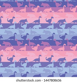 A seamless striped pattern with dinosaurs in cute pinks and purples. Surface print design. Great for kids products.