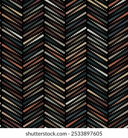 Seamless striped pattern. Dotted chevron design with multicolored zigzag lines. Green, orange, and brown small circles on a black background. Modern geometric style. Vector illustration.
