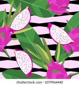 Seamless striped pattern with Dragon tropical fruits and tropical leaves. Vector tropical pattern background.