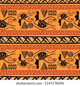 Seamless striped pattern egyptian theme with ethnic and tribal motifs. Vintage orange retro drawing for textile print vector illustration.