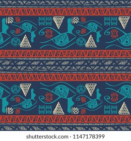 Seamless striped pattern egyptian theme with ethnic and tribal motifs. Vintage retro drawing for textile print vector illustration.