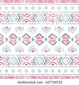 Seamless striped pattern. Ethnic and tribal motifs. Vintage print, grunge texture.Simple ornament. Handmade. White, gray, pink and blue colors. Vector illustration.