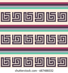 Seamless striped pattern. Fashion textile print with greek design. Greece meander fabric background. Retro colors.
