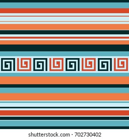 Seamless striped pattern. Fashion textile print with greek design. Greece meander fabric background. Retro colors.