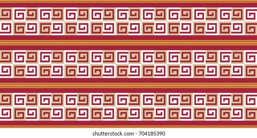 Seamless striped pattern. Fashion textile print with greek design. Greece meander fabric background. Retro colors.