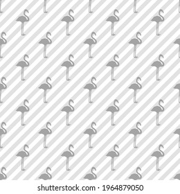Seamless striped pattern with flamingos. Silhouettes of abstract birds. Abstract line texture. Black and white illustration
