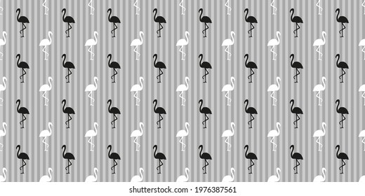 Seamless striped pattern with flamingos. Silhouettes of abstract birds. Geometric stripe texture