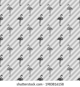 Seamless striped pattern with flamingos. Silhouettes of abstract birds. Abstract line texture. Black and white illustration