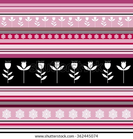 Seamless striped pattern with floral ornaments in pink and black colors