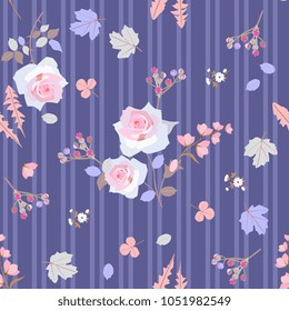 Seamless striped pattern with gentle white roses, little branches with buds of spirea and stylized leaves of viburnum, dandelion, clover on lilac background in vector. Print for fabric, wallpaper.