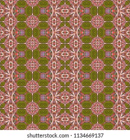 Seamless striped pattern from geometrical abstract floral ornaments multicolored in pink and green shades on a light background. Vector illustration. Suitable for fabric, wallpaper and wrapping paper