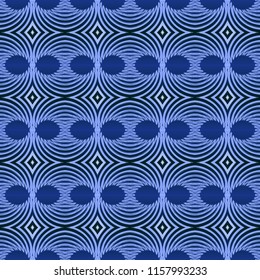 Seamless striped pattern from geometrical abstract blue ornaments on a dark background. Vector illustration can be used for textiles, wallpaper and wrapping paper