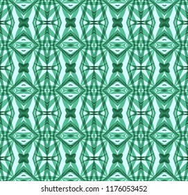 Seamless striped pattern from geometrical abstract ornaments on a green background. Vector illustration. Suitable for fabric, wallpaper and wrapping paper