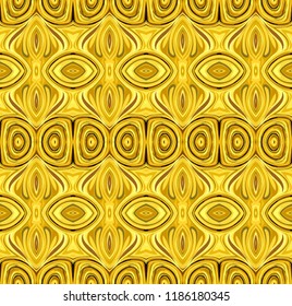 Seamless striped pattern from geometrical abstract ornaments multicolored in yellow shades on a brown background. Vector illustration. Suitable for fabric, wallpaper and wrapping paper