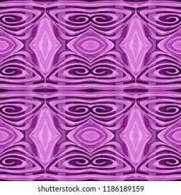 Seamless striped pattern from geometrical abstract ornaments multicolored in pink shades on a dark purple background. Vector illustration. Suitable for fabric, wallpaper and wrapping paper