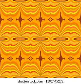 Seamless striped pattern from geometrical abstract ornaments multicolored in yellow and orange shades on a brown background. Vector illustration. Suitable for fabric, wallpaper, wrapping paper