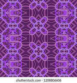 Seamless striped pattern from geometrical abstract ornaments multicolored in pink and lilac shades on a dark purple background. Vector illustration. Suitable for fabric, wallpaper, wrapping paper