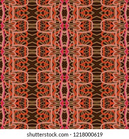 Seamless striped pattern from geometrical abstract ornaments multicolored in pink and orange shades on a dark brown background. Vector illustration. Suitable for fabric, wallpaper or wrapping paper