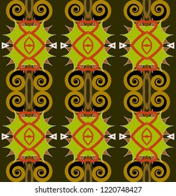 Seamless striped pattern from geometrical abstract ornaments multicolored in red, green and orange shades on a dark olive background. Vector illustration. Suitable for fabric, wallpaper and gift wrap.
