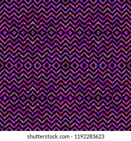 Seamless striped pattern from geometrical ornaments multicolored in purple shades on a dark background. Vector illustration. Suitable for fabric, wallpaper, wrapping paper