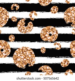 Seamless striped pattern with glittering grunge circles. White color stripes on black background. Vector illustration.
