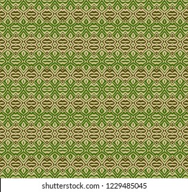 Seamless striped pattern from green and olive geometrical abstract ornaments on a beige background. Vector illustration. Suitable for fabric, wallpaper, wrapping paper