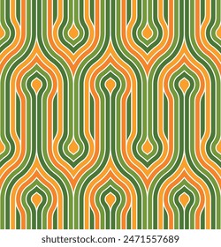 Patrón de rayas sin costuras con líneas rectas verdes, amarillas y naranjas y círculos concéntricos. Abstractas diseño geométrico en estilo retro. Colores llamativos de Antiguas. 