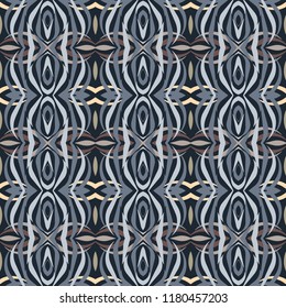 Seamless striped pattern from grey and brown geometrical abstract ornaments on a dark background. Vector illustration. Suitable for fabric, wallpaper and wrapping paper