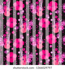 Seamless striped pattern with guitars, bunch of garden flowers and huge pink poppies on black background. Print for fabric.