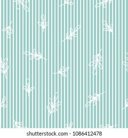 Seamless striped pattern with hand drawn blades of grass on blue background. Repeating texture on a white background. Perfect for printing on fabric or paper. Vector illustration.