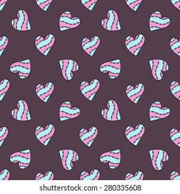 Seamless striped pattern hearts with barbed wire on dark background