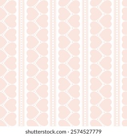 Seamless striped pattern with hearts. Retro design for love-themed projects, wrapping, packaging, fabric, scrapbooking, etc. Vertical wallpaper swatch for home decoration in pastel pink color.