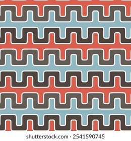 Seamless striped pattern with horizontal jagged red, brown, and light blue interlocking stripes. Retro style. Abstract geometric illustration.