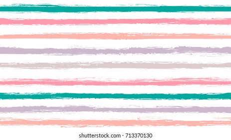 Seamless striped pattern. Horizontal line with torn paper effect. Ethnic background. Pink green purple cute color gradient. Vector illustration. Summer texture for backdrop. Paint brush stroke stripe.