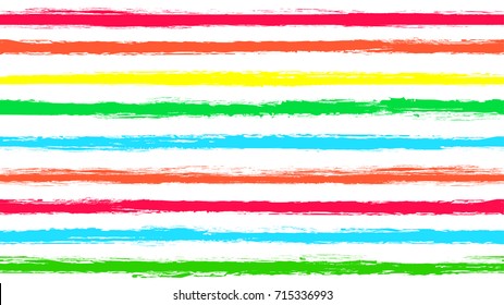 Seamless striped pattern. Horizontal line with torn paper effect. Ethnic background. Colorful, rainbow colors. EPS vector illustration. Texture for backdrop. Paint brush stroke stripes for kids.