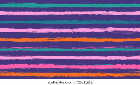 Seamless striped pattern. Horizontal line with torn paper effect. Ethnic background. Colorful pink red blue color. EPS vector illustration. Texture for backdrop. Paint brush stroke stripes for kids.