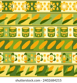 Seamless striped pattern with icons of corn cob, corn grains, canned corn, abstract geometric shapes on square grid background. For branding, decoration of food package, decorative print for kitchen