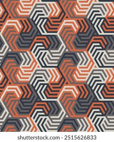 Seamless striped pattern with interlocking notched geometric shapes on a hexagonal grid. Intricate design in orange, grey, and white. Retro style. Vector illustration. 