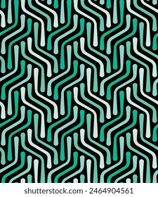 Seamless striped pattern with intertwined green curved lines on a black background. Modern geometric style.