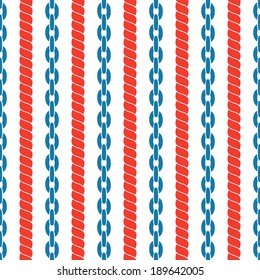 Seamless striped pattern in marine style with ropes and chains. Vector illustration.