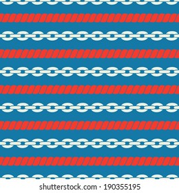 Seamless striped pattern in marine style with ropes and chains. Vector illustration.