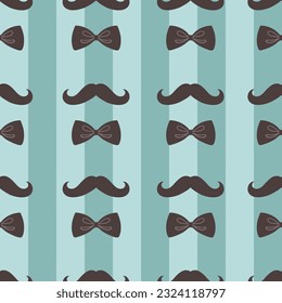 Seamless striped pattern with mustaches and bow ties. Vector graphics.