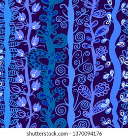 Seamless striped pattern. On a dark background stylized plants in ethnic style. Vector illustration.