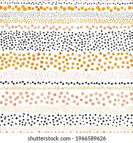 Seamless striped pattern. Orange and black horizontal stripes on a white background. Cute wallpaper in doodle style. Ink points, blots. Print for textiles. Vector illustration.