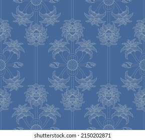 Seamless, striped pattern with ornamental, Indian lotus flowers, buds and leaves in white lines on a blue background