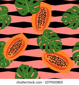 Seamless striped pattern with Papaya tropical fruits and tropical leaves Vector tropical pattern background.