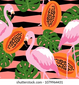 Seamless striped pattern with Papaya tropical fruits ,tropical leaves and pink flamingo bird. Vector tropical pattern background.