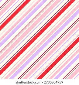 Patrón de rayas sin costuras en púrpura pastel, rojo y rosa. Líneas de rayas diagonales Fondo de pantalla de fondo de Ilustración vectorial de patrón de repetición abstracto para tela y estampados.